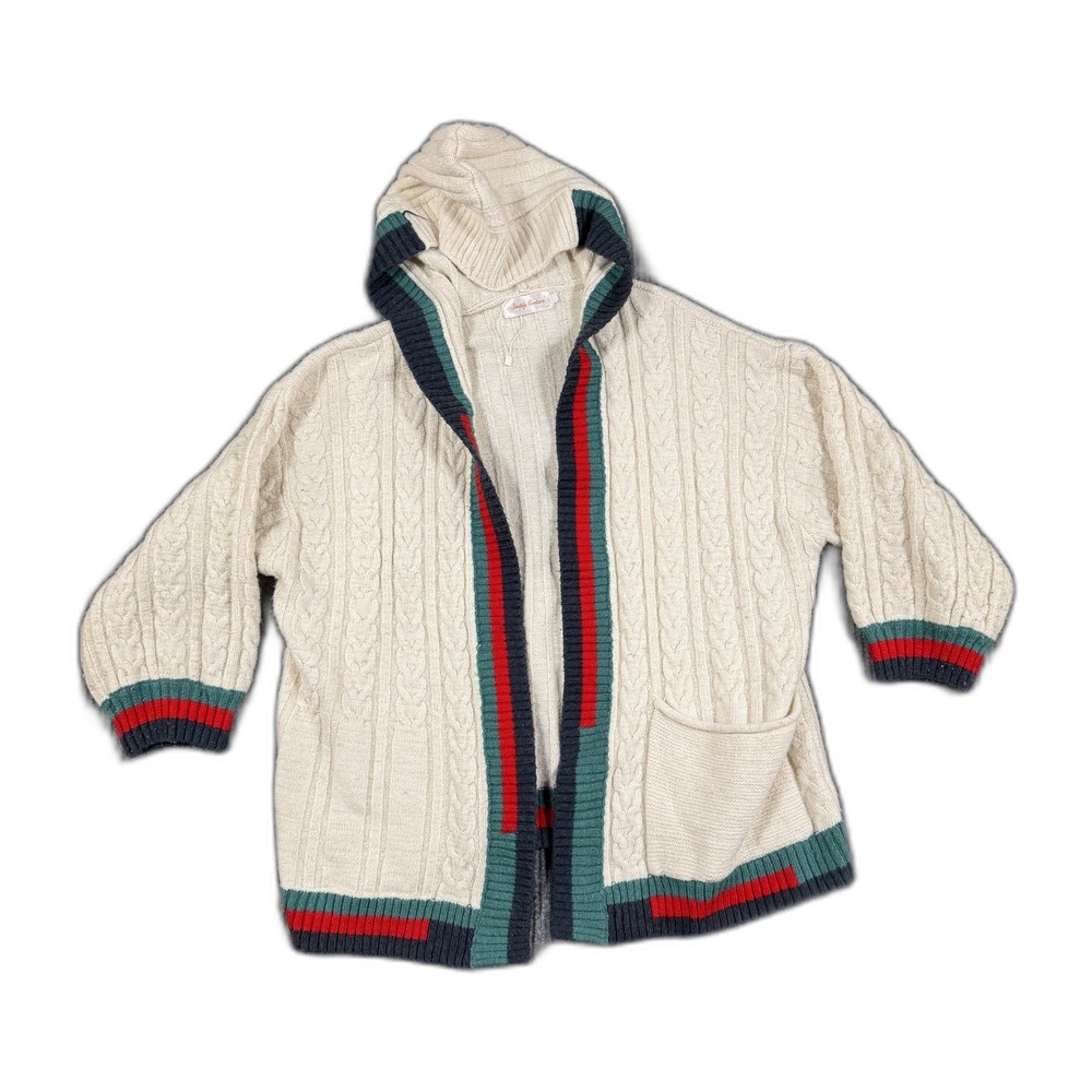 Simply Couture Womens Cream Cable Knit Hooded Cardigan Striped Trim Open Front